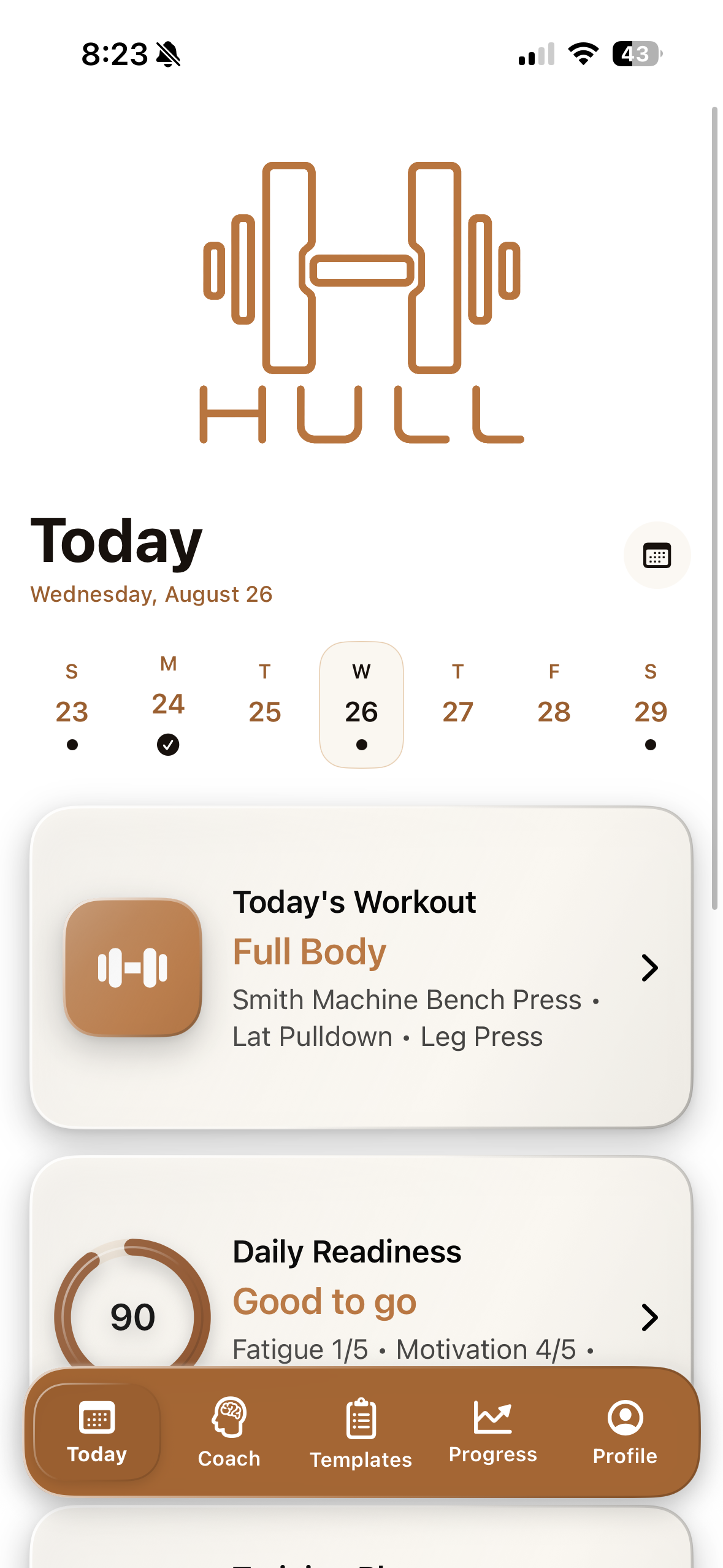 HULL Today screen with workout and daily readiness