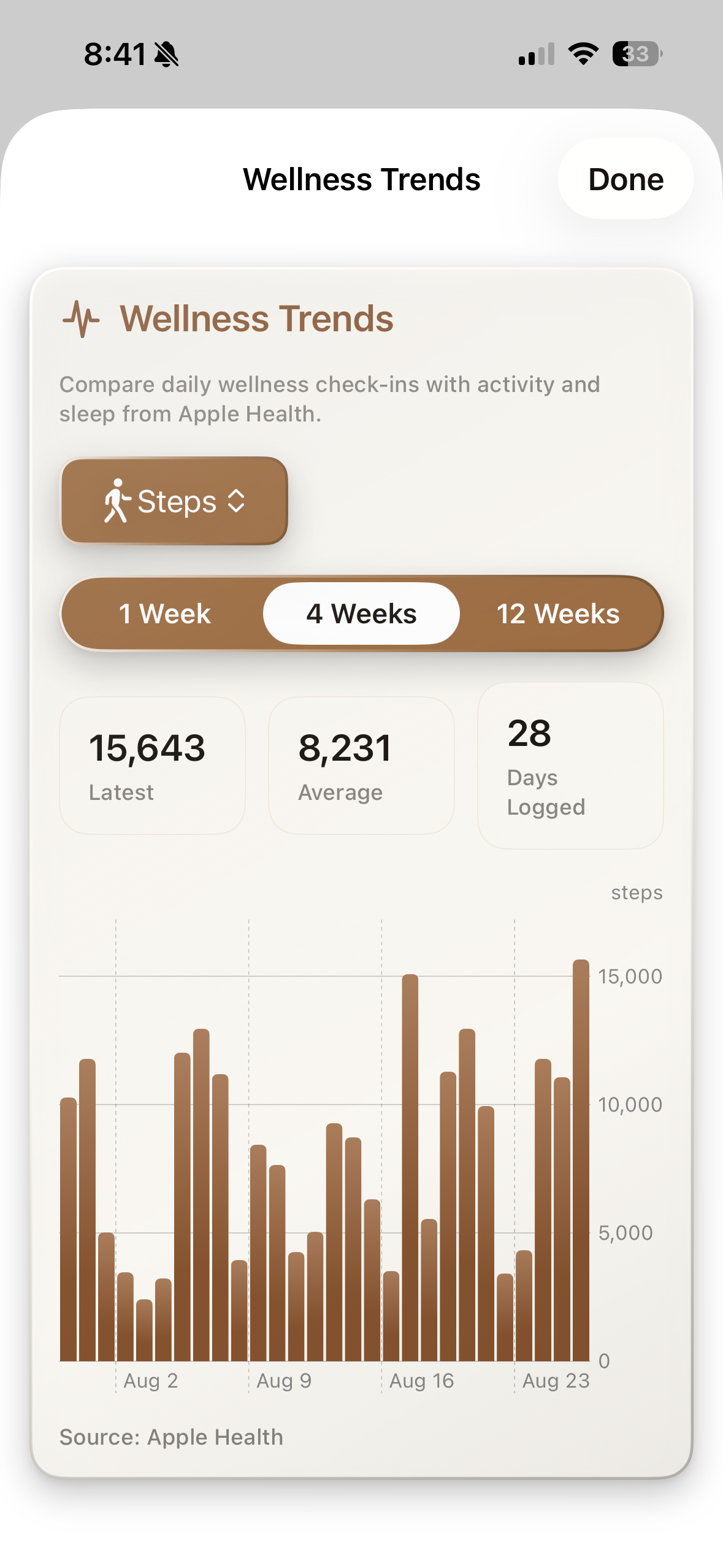 Add context from Apple Health. HULL app screen